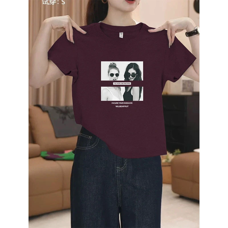 设计感正肩印花短袖女t恤2025新款时尚百搭洋气紫色上衣薄款夏季