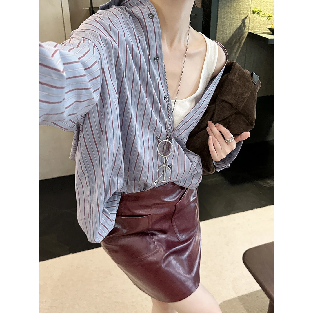 2025秋季新款法式复古条纹廓形口袋小众衬衫长袖上衣衬衣格子衬衫