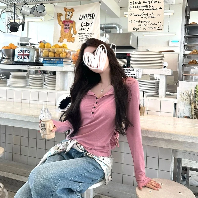 设计感纯色纽扣半开领长袖T恤女装秋季独特漂亮宽松显瘦纯欲上衣