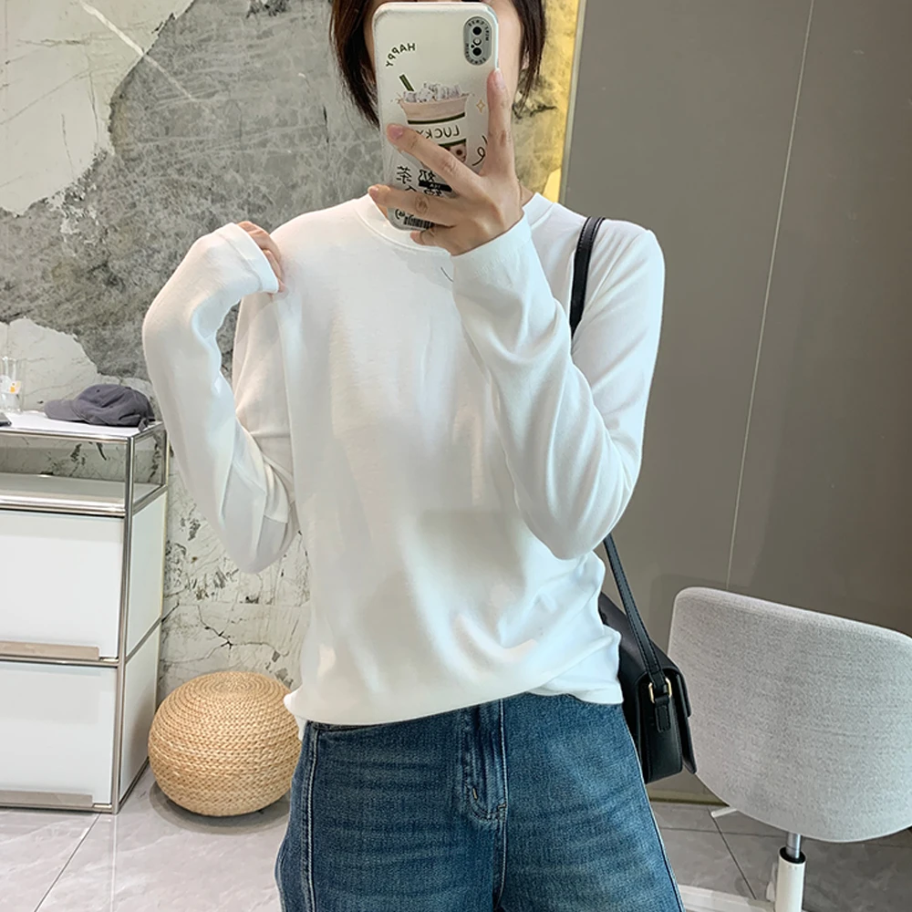纯色简约百搭弹力T恤打底衫女秋季新款圆领长袖内搭软糯棉质上衣