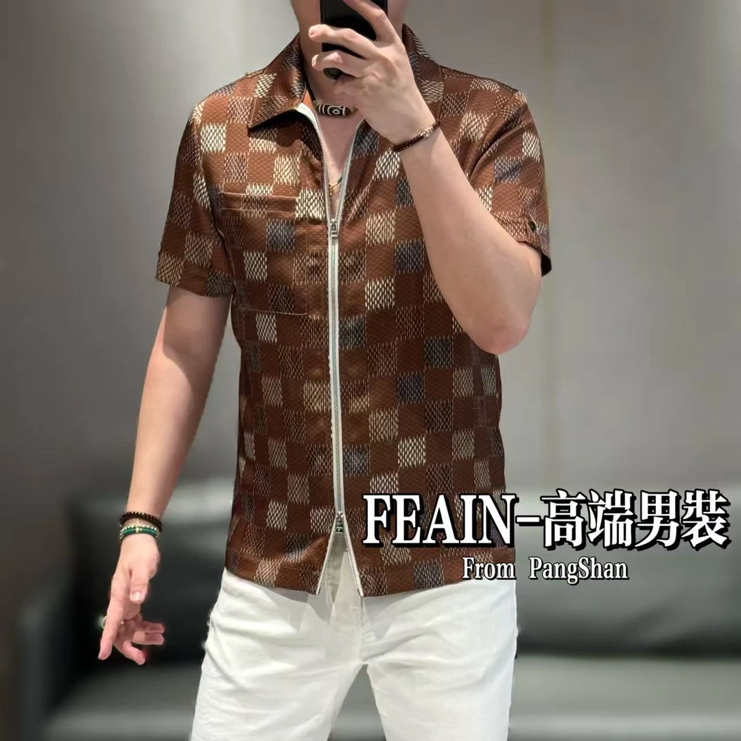 高端定制进口丝柔贡缎经典格纹上下开拉链短袖夹克710