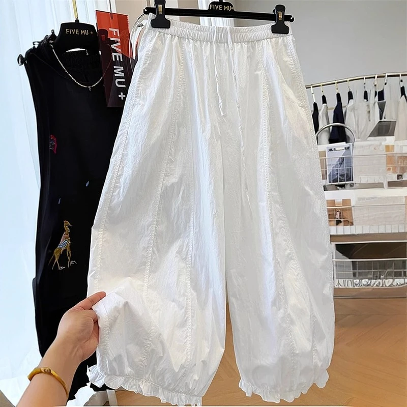 韩系减龄独特松紧腰休闲裤女夏季薄款花苞裤九分灯笼裤松弛感裤子