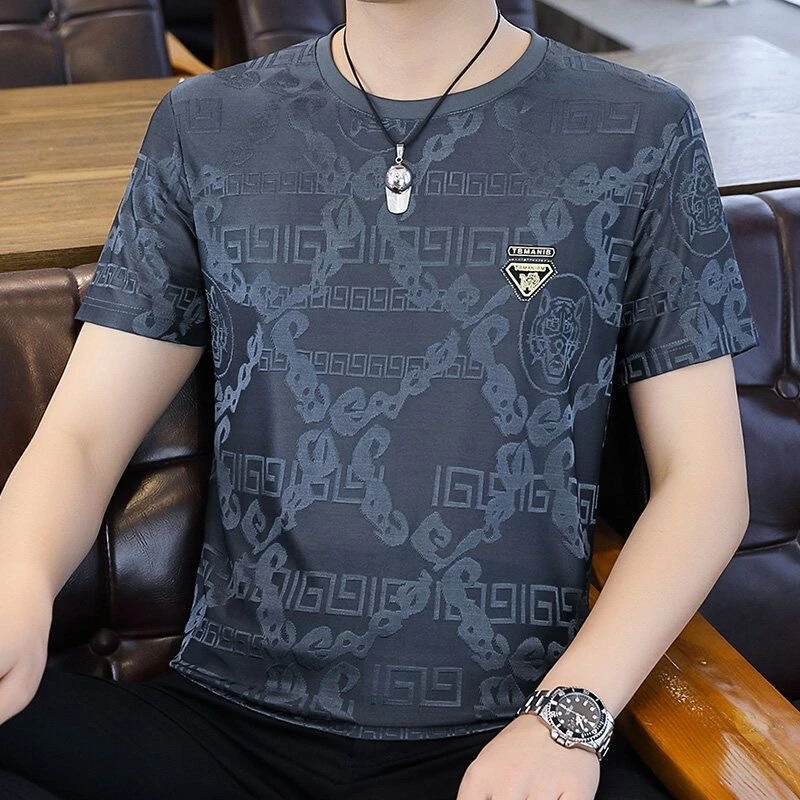 冰丝男短袖T恤夏季修身潮流半袖体恤提花简约青年百搭上衣打底衫