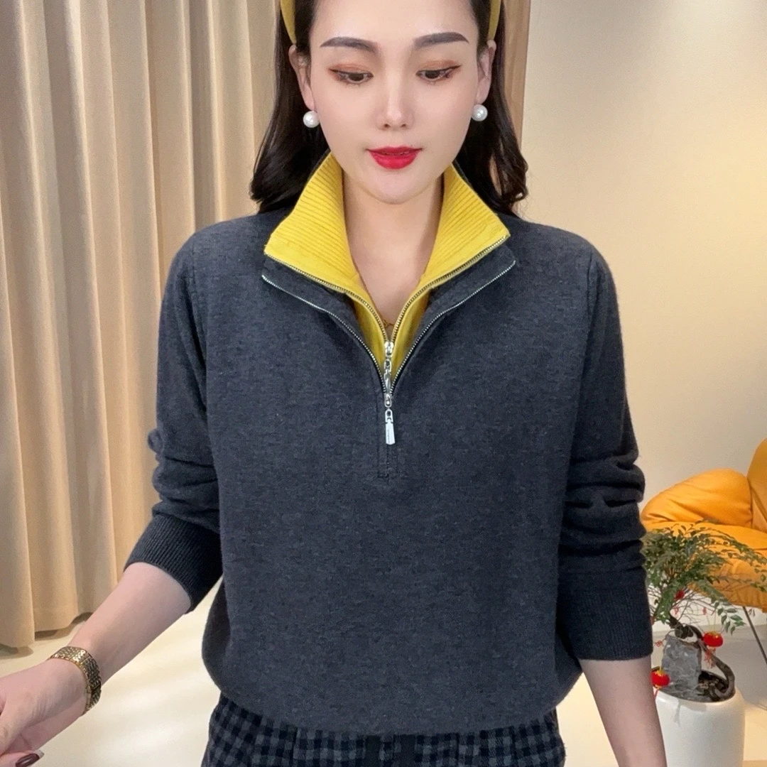 【绵羊毛】毛衣冬季新款5808时尚洋气半高领假两件双拉链半开襟撞色