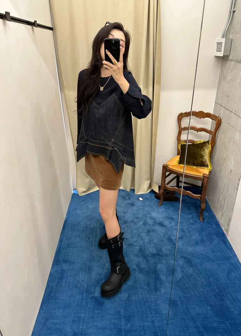 JUNWEI LIN设计师品牌 原色牛仔衬衫领倒装拼接卫衣