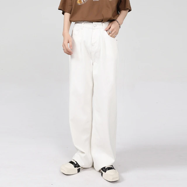 吾一白春秋2025新款男生美式高街宽松直筒休闲白色裤子男士牛仔裤