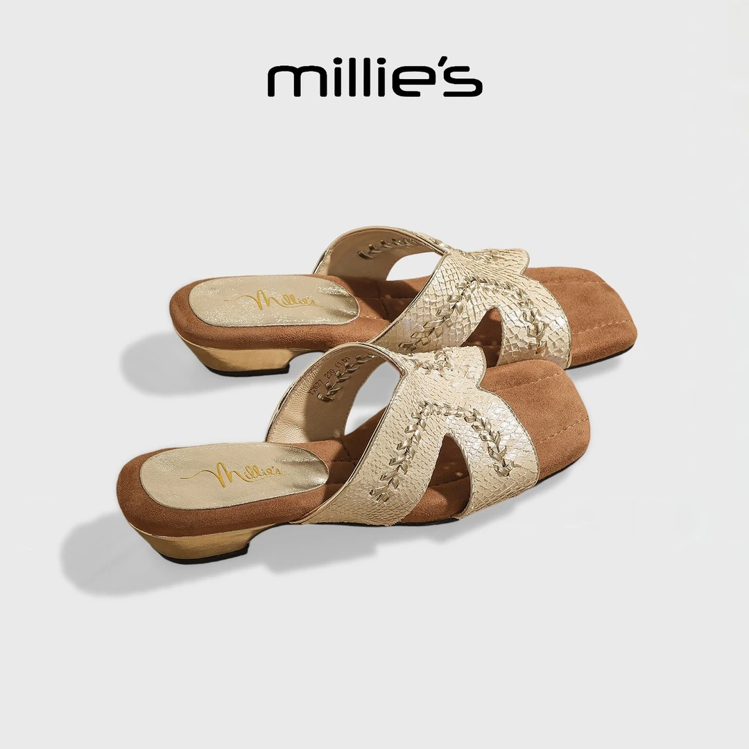 MILLIE'S/妙丽2025夏季新款编织鱼皮坡跟凉拖鞋女时尚外穿一字拖