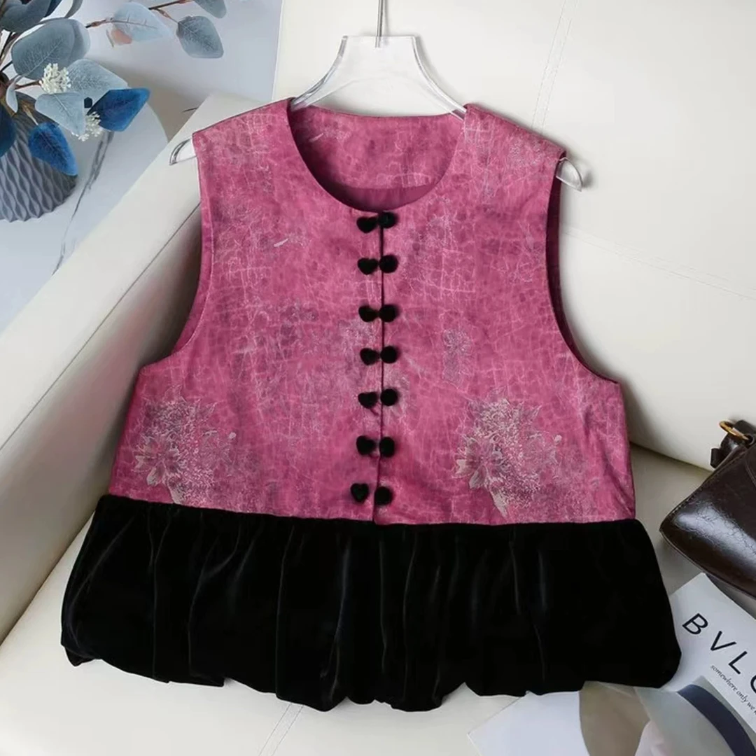 新中式马甲背心秋装新款丝绒拼接下摆双排扣马甲坎肩上衣女潮