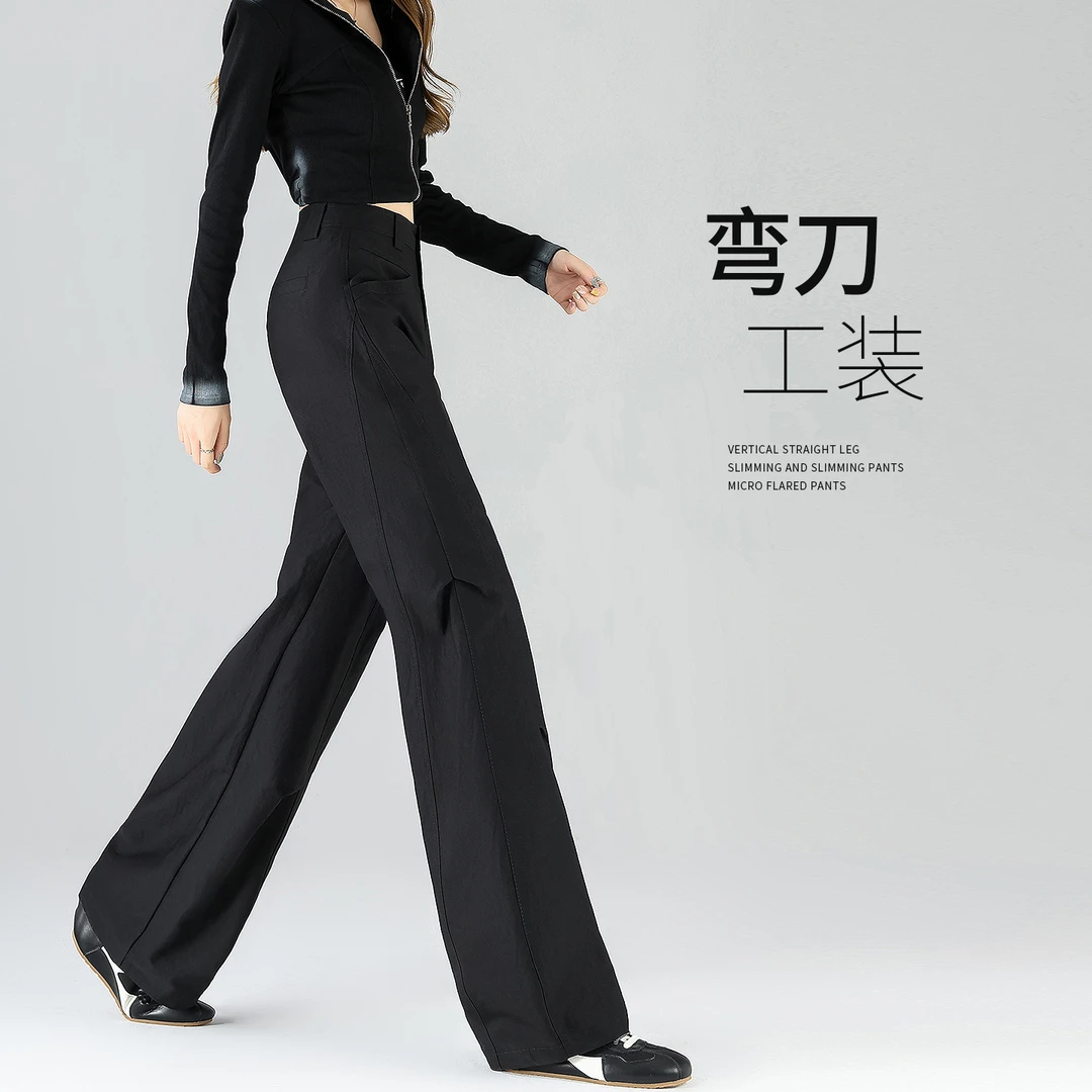 黑色弯刀工装裤女春秋高腰新款宽松复古美式休闲香蕉运动阔腿裤子