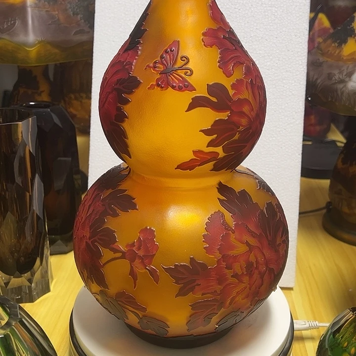 专***盖琉璃手工艺品葫芦牡丹雕刻花瓶花器高38