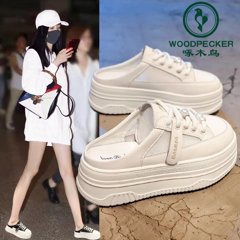 啄木鸟爆款6cm增高半拖鞋女夏季外穿2025新款网纱透气休闲凉拖鞋