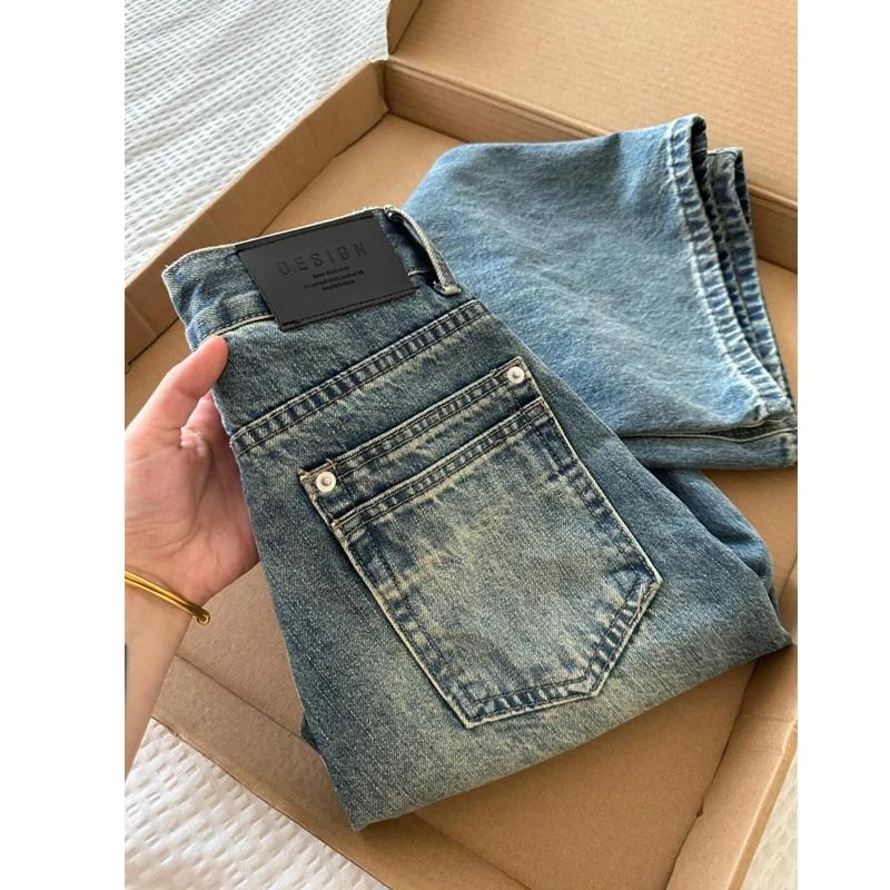 美式春季高街垂感百搭阔腿裤高个子加长复古水洗宽松直筒牛仔裤女