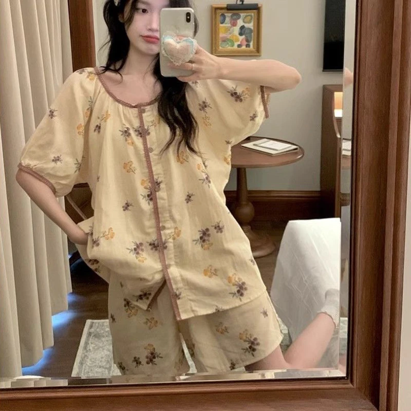 睡衣女夏季短袖短裤韩版简约撞色碎花云朵棉宽松家居服套装学生薄