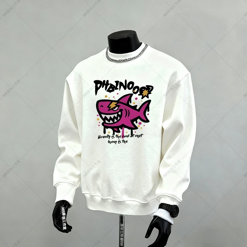 加绒卫衣美式潮牌圆领宽松套头加厚红黑鲨鱼印花冬季白色长袖外套