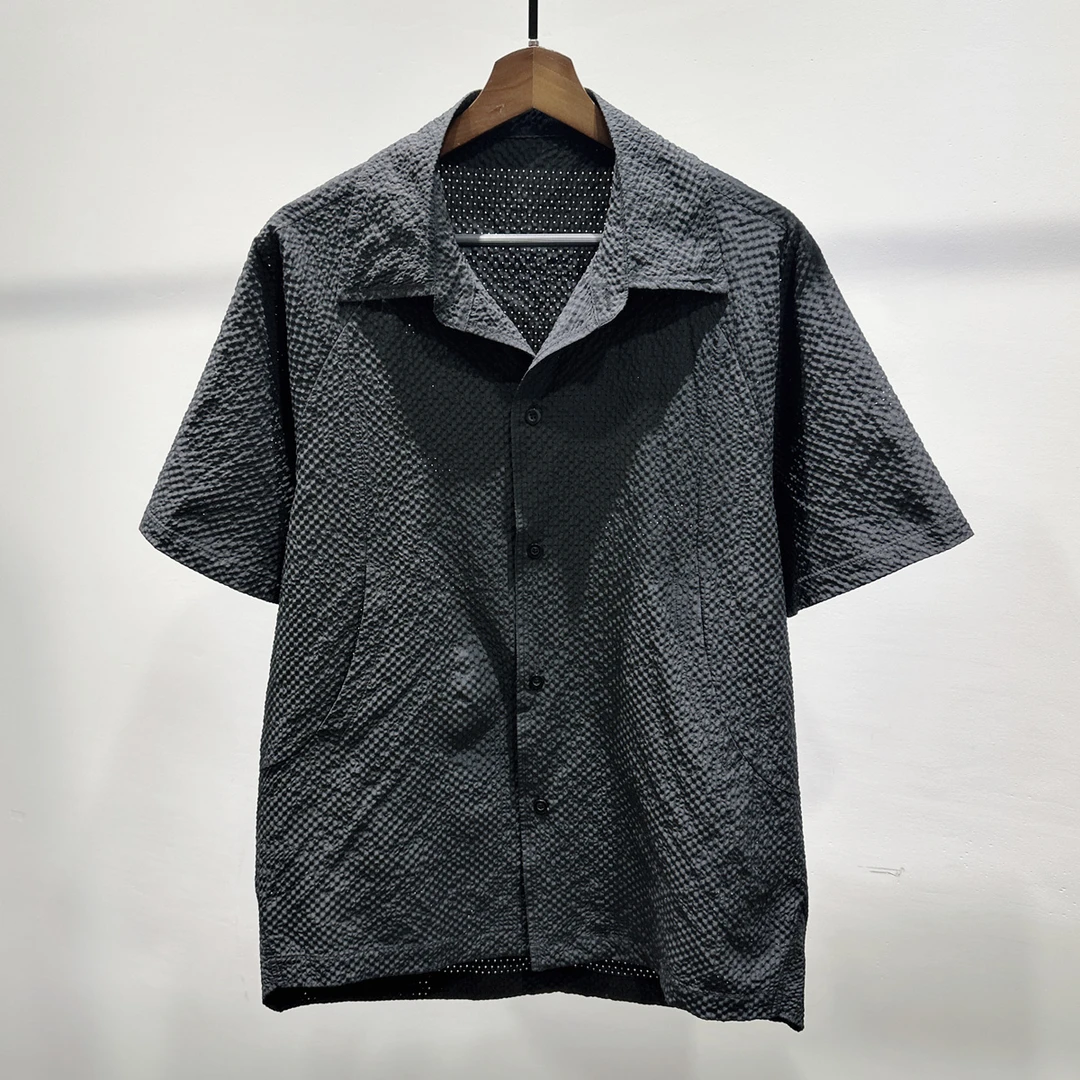 时尚简约轻薄泡泡纱短袖衬衣男士夏季翻领百搭复古休闲宽松衬衫