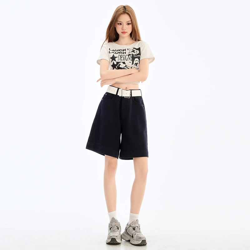 2025秋季新款美炫藏青色牛仔短裤女年秋季高腰显瘦宽松阔腿百搭休