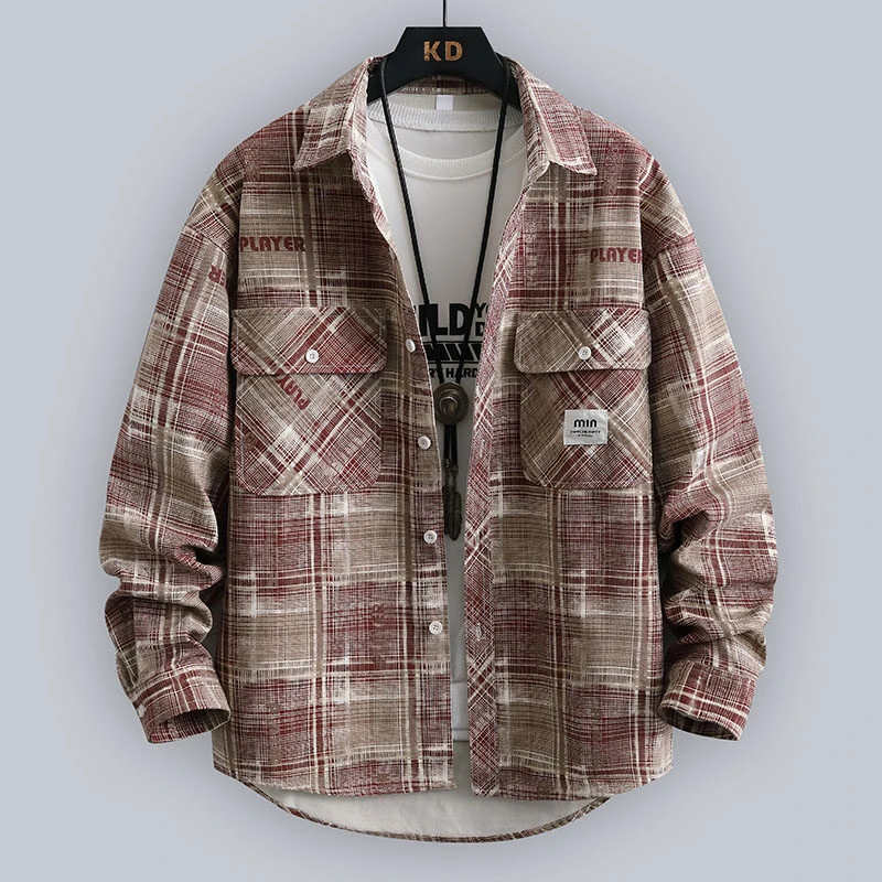 春季品质纯棉休闲宽松版长袖衬衫外套潮流时尚格子衬衣男装上衣服