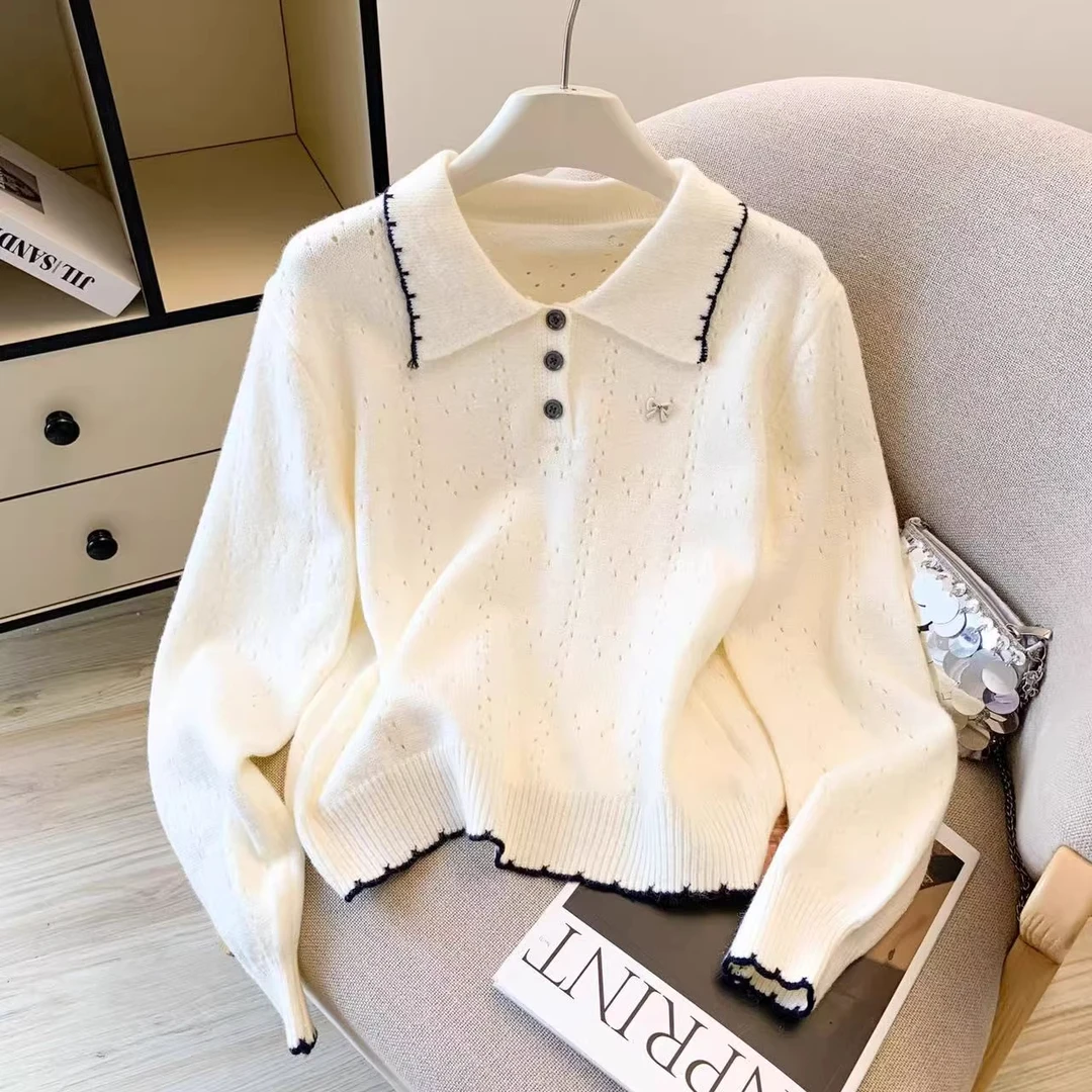 小香风撞色polo领毛衣女2025秋冬新款洋气减龄百搭宽松针织衫上衣