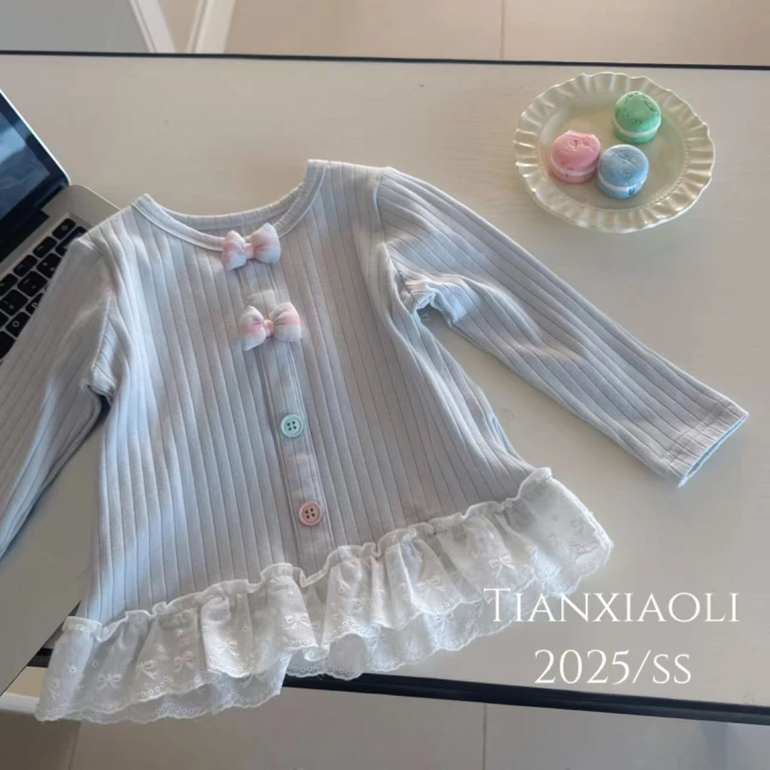【谷谷家】蓝色蝴蝶结软长袖t
