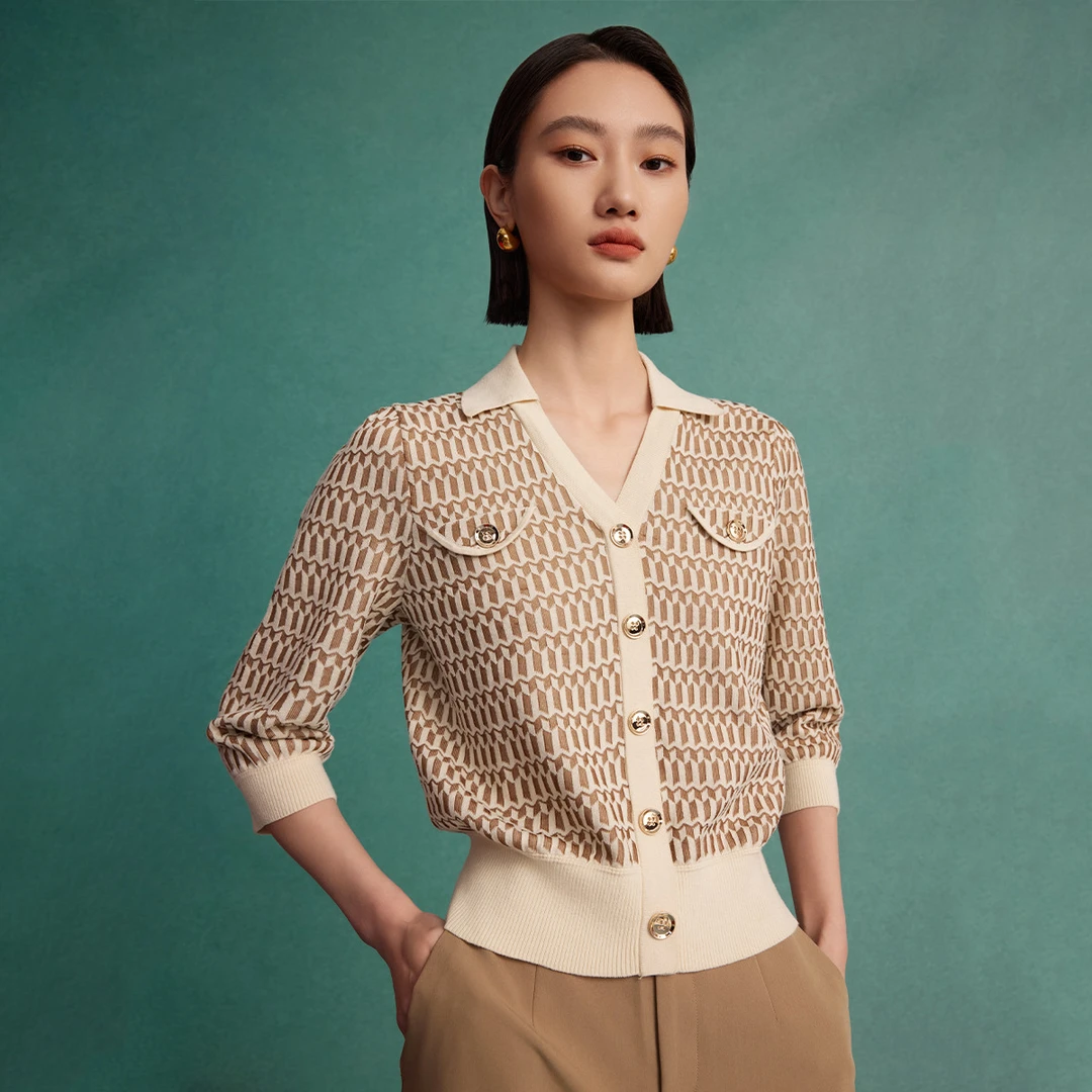 【小熊专属】气质POLO领针织衫女秋季时尚撞色印花七分袖套头衫