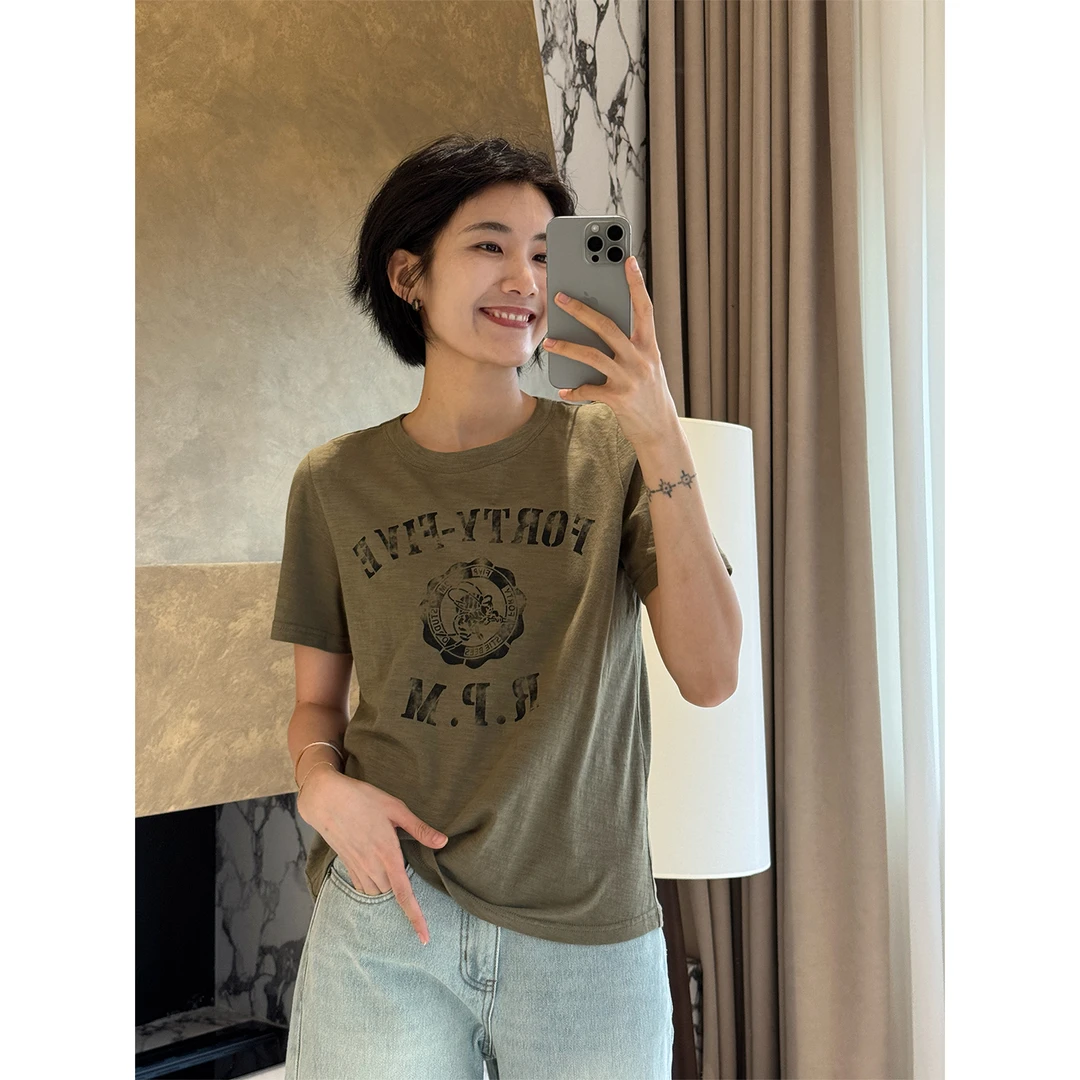 LANGQING 军绿色纯棉印花短袖女t恤秋装宽松休闲圆领上衣45312#