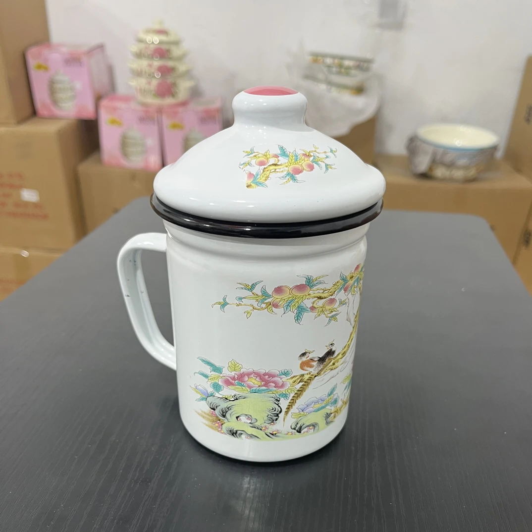 9公分搪瓷加厚款富贵长春高桶杯一个带茶漏