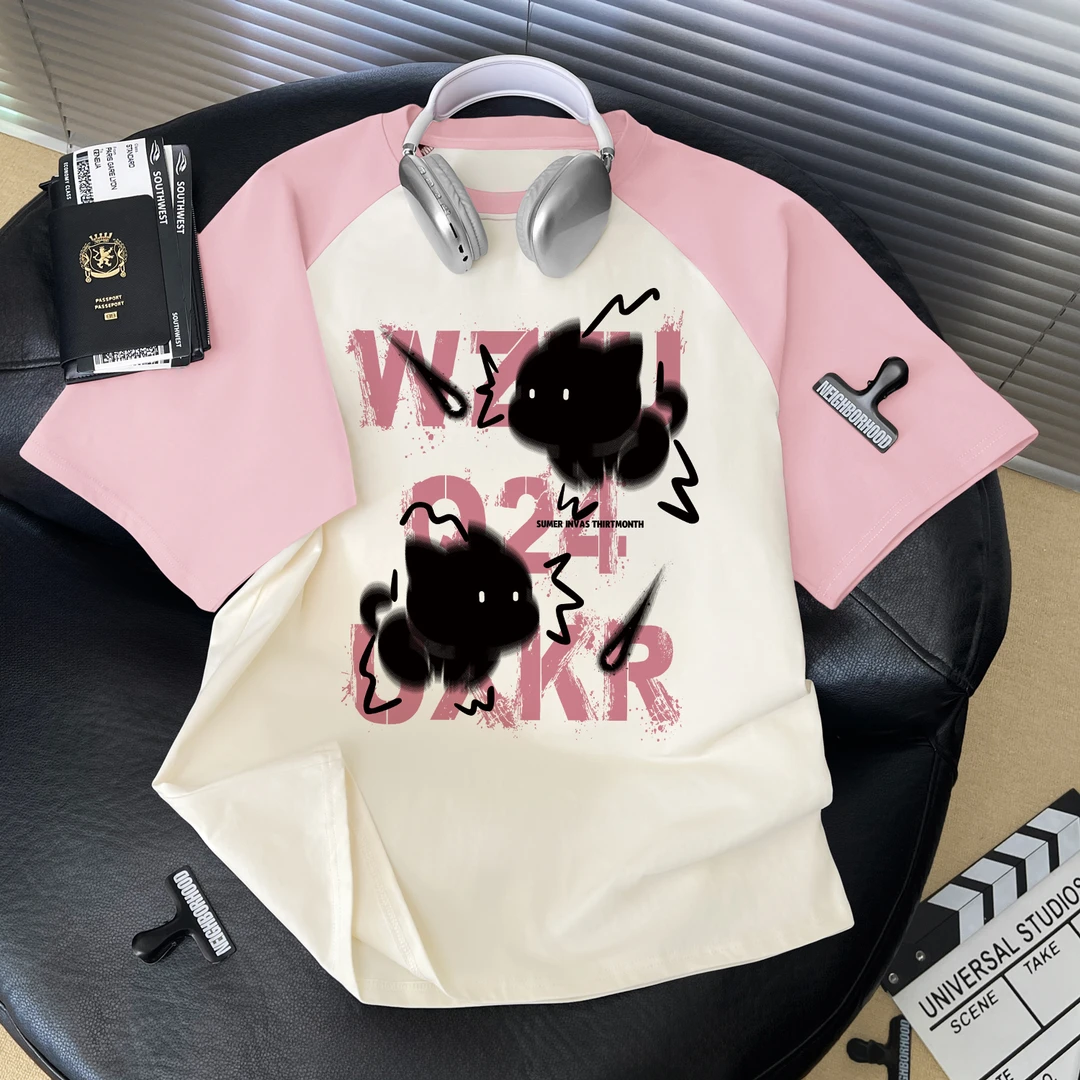 男女童插肩短袖t恤美式猫咪闪电印花夏季中大童宽松百搭童装上衣