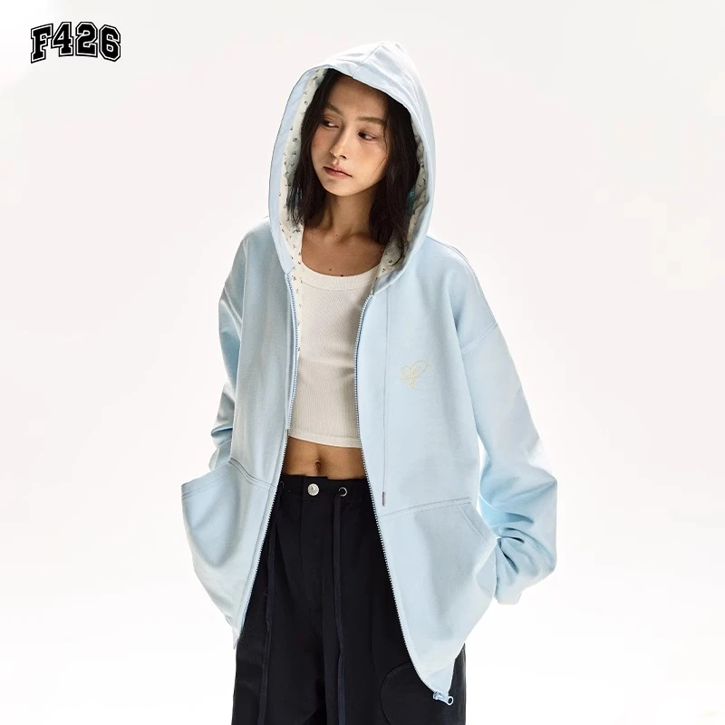 F426国潮牌春季新款卫衣开衫情侣美式宽松帽里碎花拼接外套6361