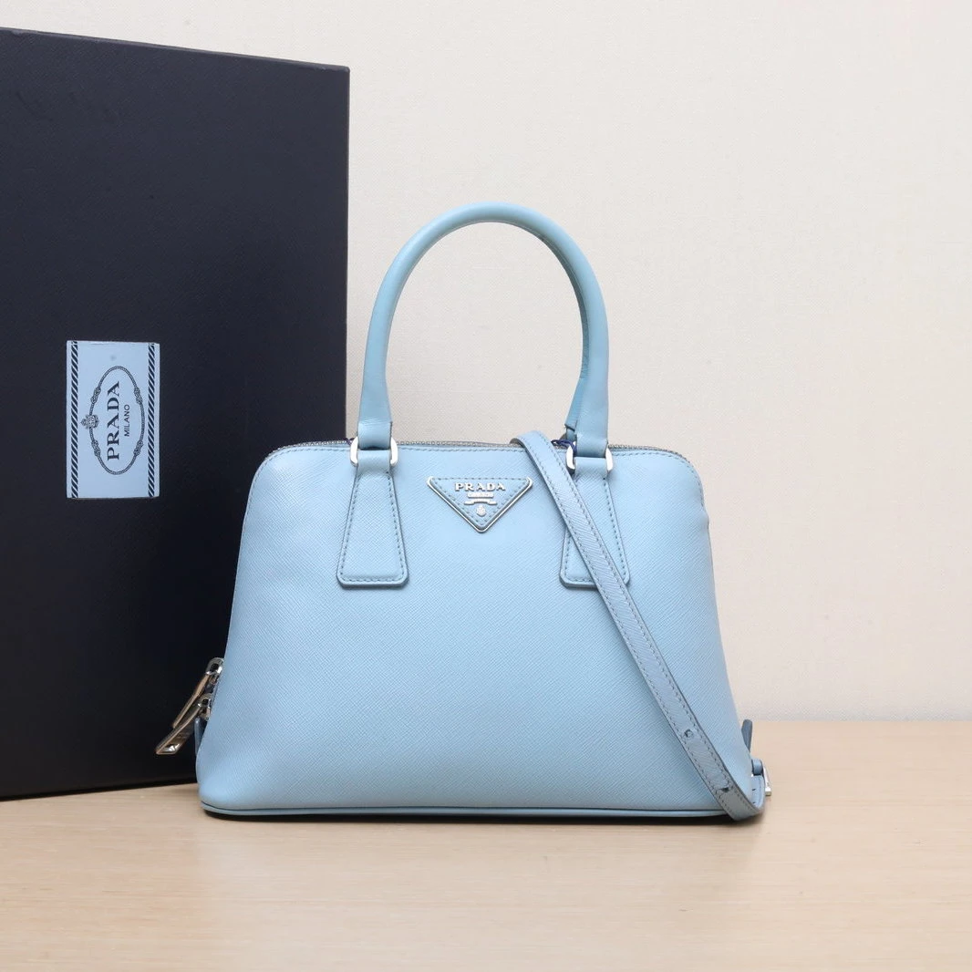 95新 Prada/普拉达 【黑黑】top handle 贝壳包 小号 蓝色 斜挎包