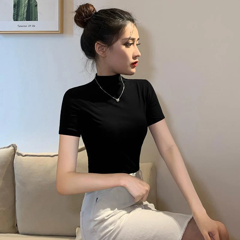 黑色半高领短袖t恤女2025年新款洋气纯棉修身体桖内搭紧身上衣潮