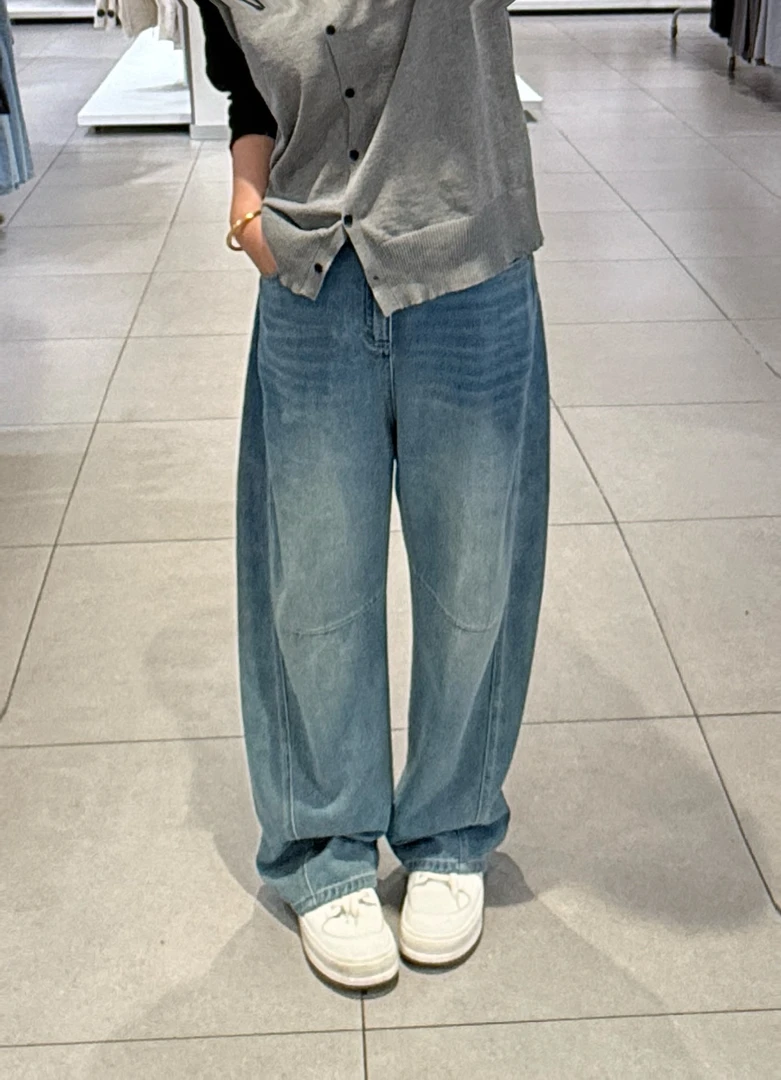 春夏新款弯刀牛仔裤女梨形身材大码胖mm高腰宽松遮胯显瘦阔腿长裤