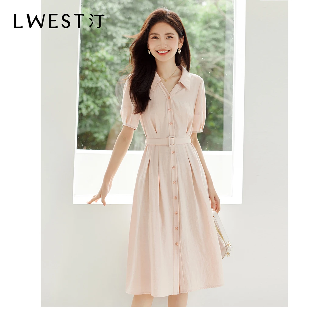 Z朗文斯汀2025夏装新款通勤风V领长裙女法式优雅气质收腰连衣裙