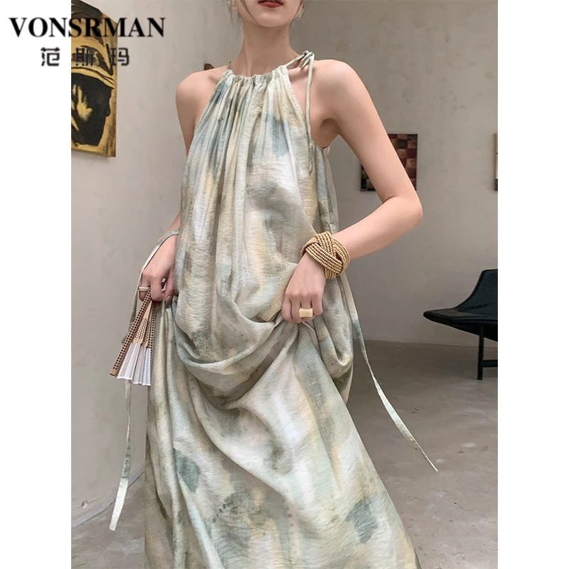 范斯玛新中式无袖晕染挂脖连衣裙女夏季2025新款慵懒风度假长裙