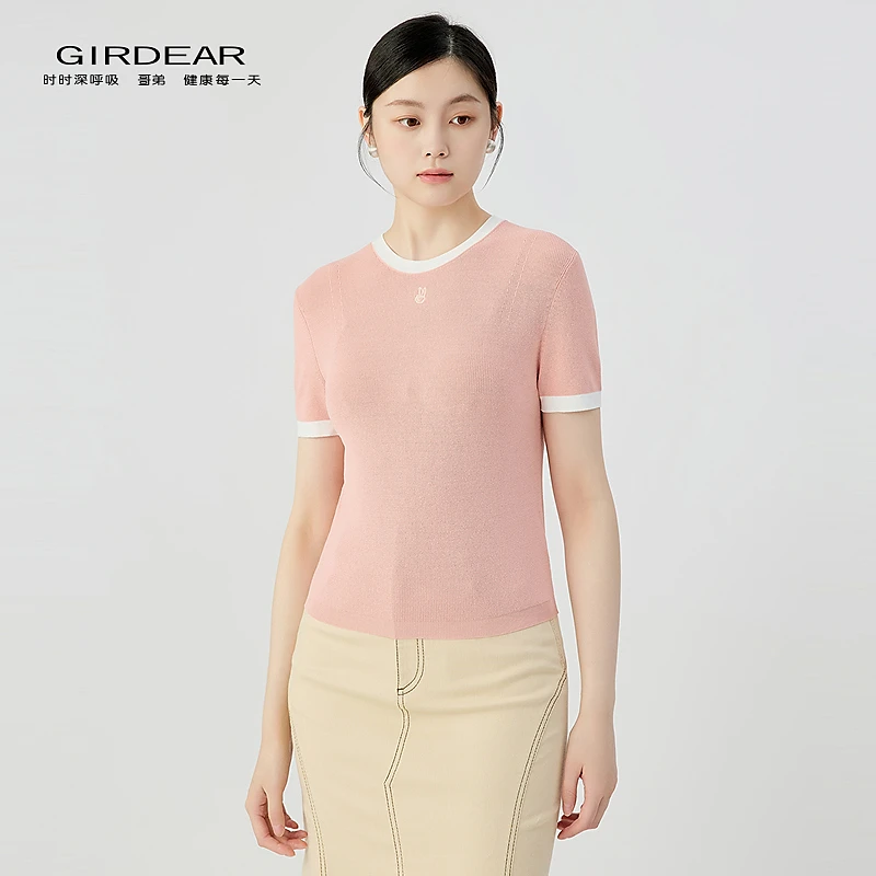 哥弟  品质女装简约经典百搭舒适时尚拼色短袖套头针织衫138012