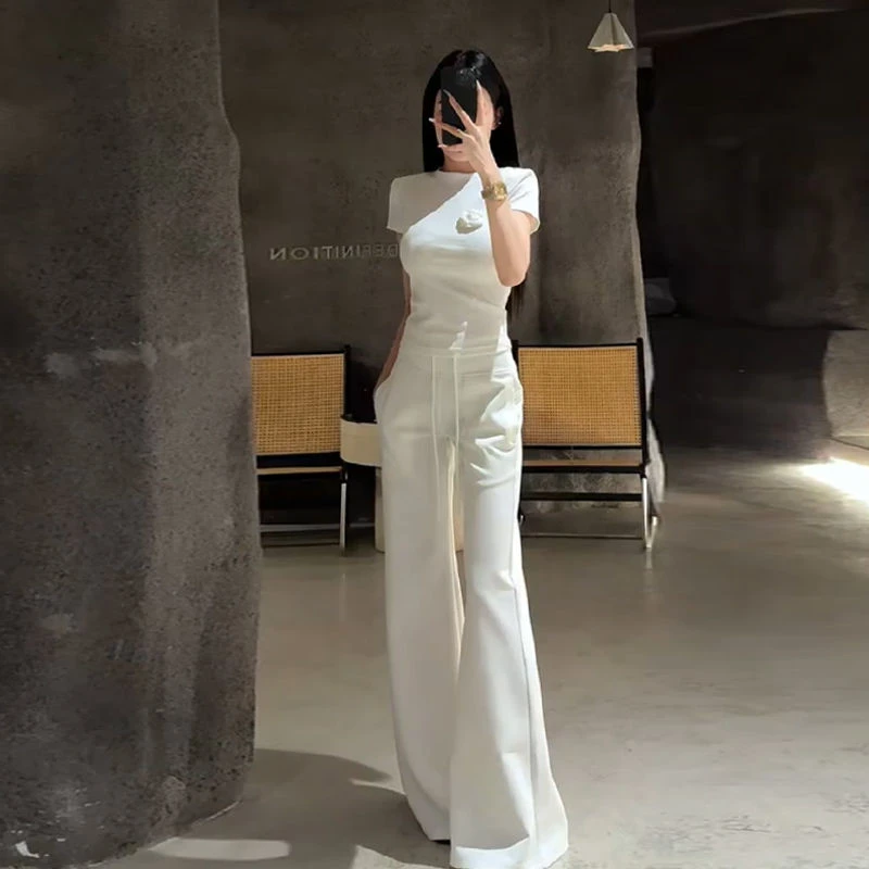 白色运动休闲套装女夏季修身显瘦减龄炸街韩系短袖阔腿裤两件套