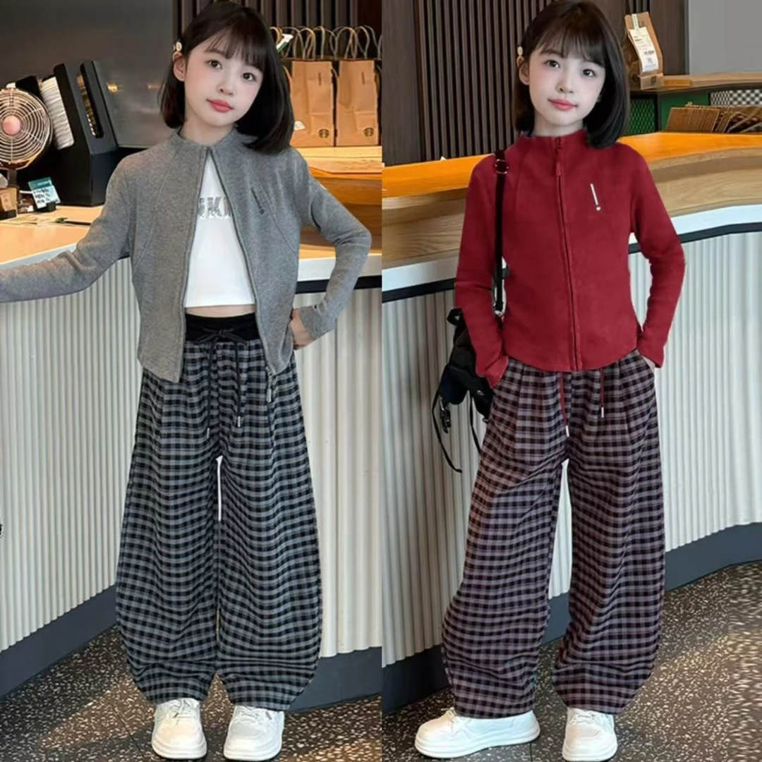 女童2025新款休闲套装秋装洋气中大儿童格子拉链卫衣阔腿裤两件套