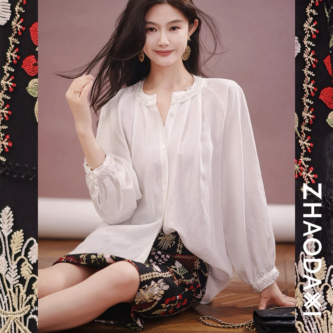 【赵大喜】现货！梦想家.手工钉珠衬衫｜亚.麻简约透氣简约佰搭上衣