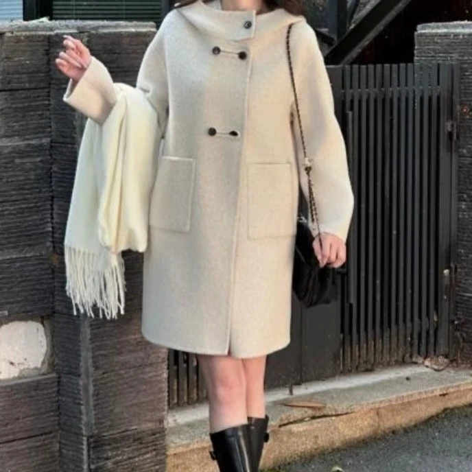 2025秋冬新款连帽小个子减龄中长款大衣女韩版百搭