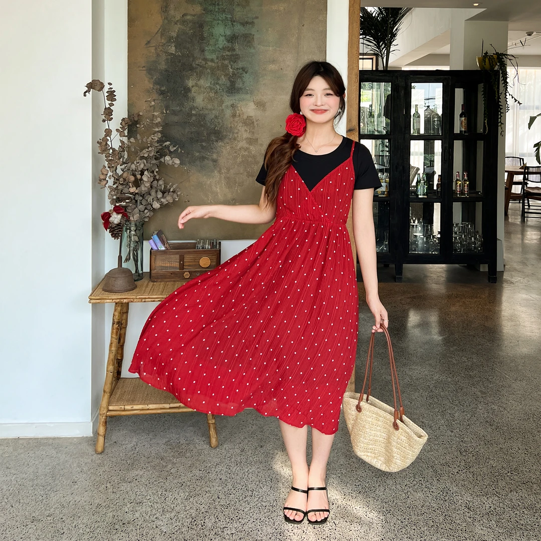 【夏季新品】大码百分百时尚显瘦假两件红色碎花连衣裙1186YF