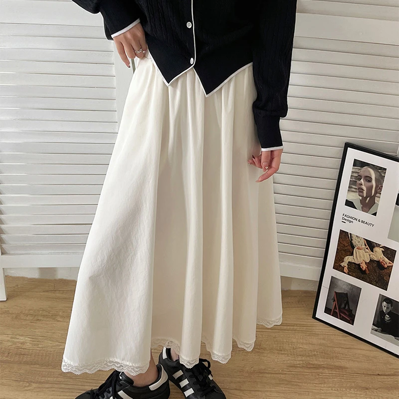 2025春夏新款女士A字裙松紧腰侧兜蕾丝底边大摆裙气质女百搭长裙