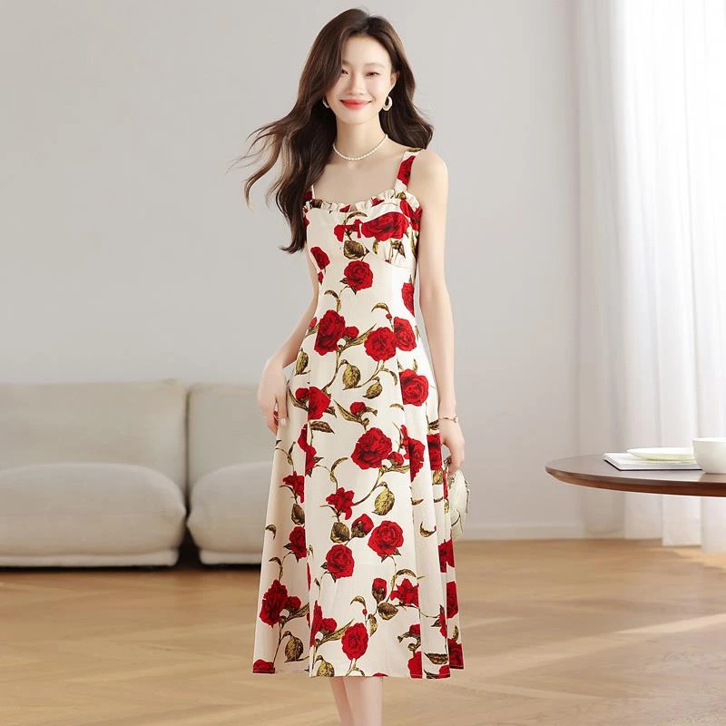 法芬图法式时尚洋气碎花吊带连衣裙海边度假修身显瘦中长裙2025夏