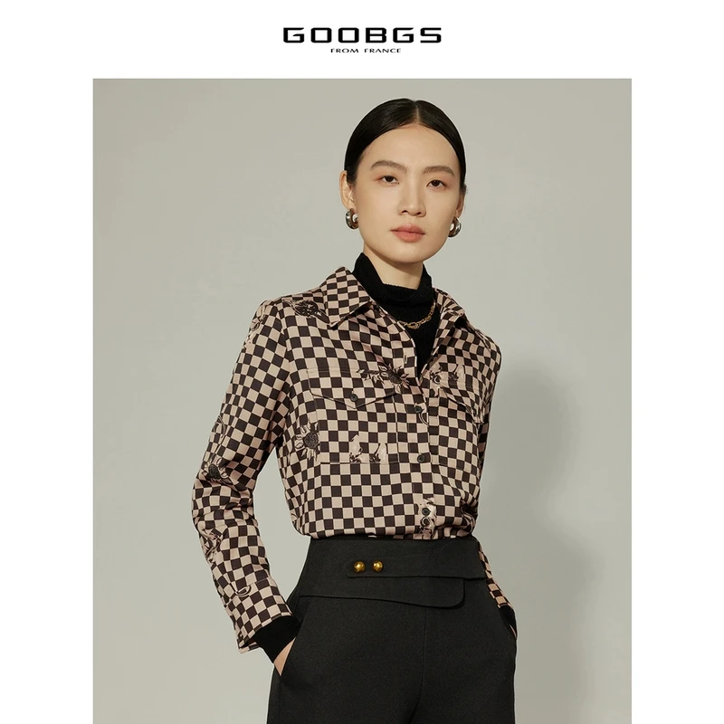 【籽言专享 】谷邦GOOBGS 棋盘格复古印花长袖衬衫 G2411148