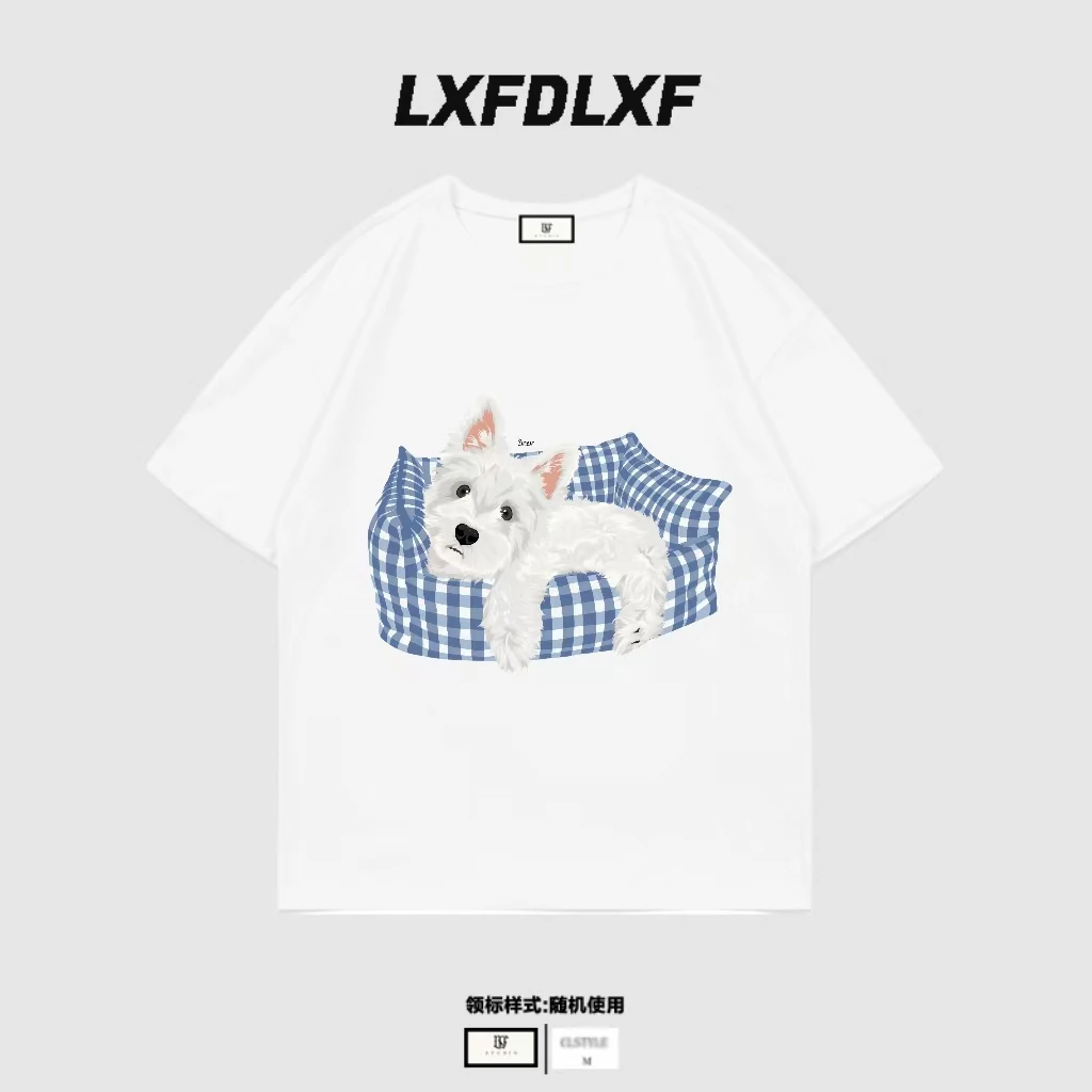 【蓝格小狗】男女同款2025新款夏季白色宽松版型圆领百搭短袖T恤