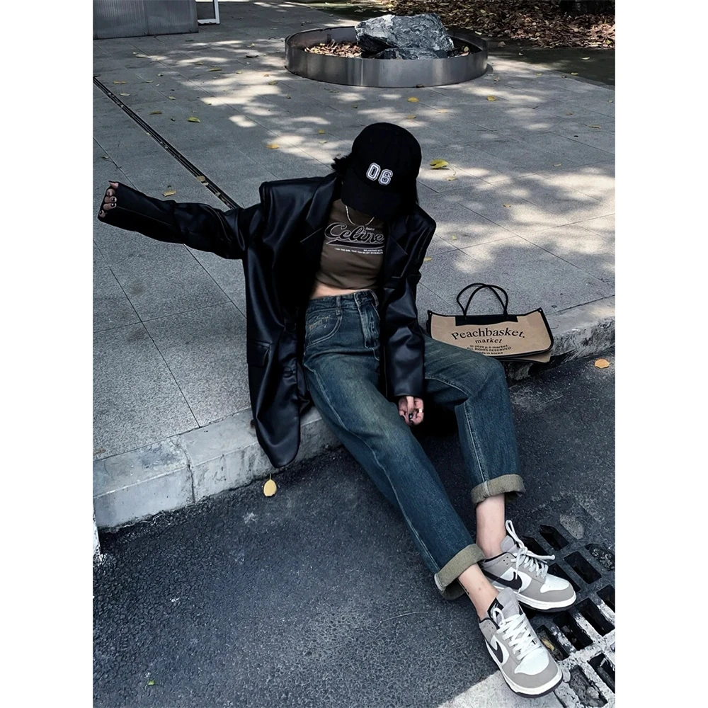 牛仔裤高腰直筒复古宽松长裤裤子春季显瘦时尚休闲百搭拖地裤8285