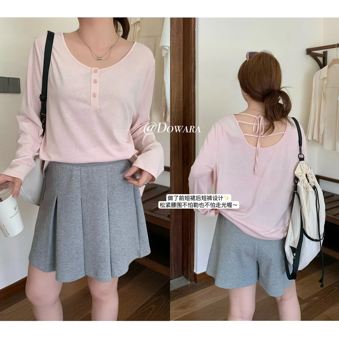 现货8125D大婉酱微胖定制韩系减龄百搭压褶裤裙显瘦百搭遮胯短裤