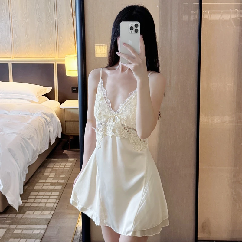 KK新款夏季直播网红风冰丝睡衣女吊带裙睡袍带胸垫高级感家居服