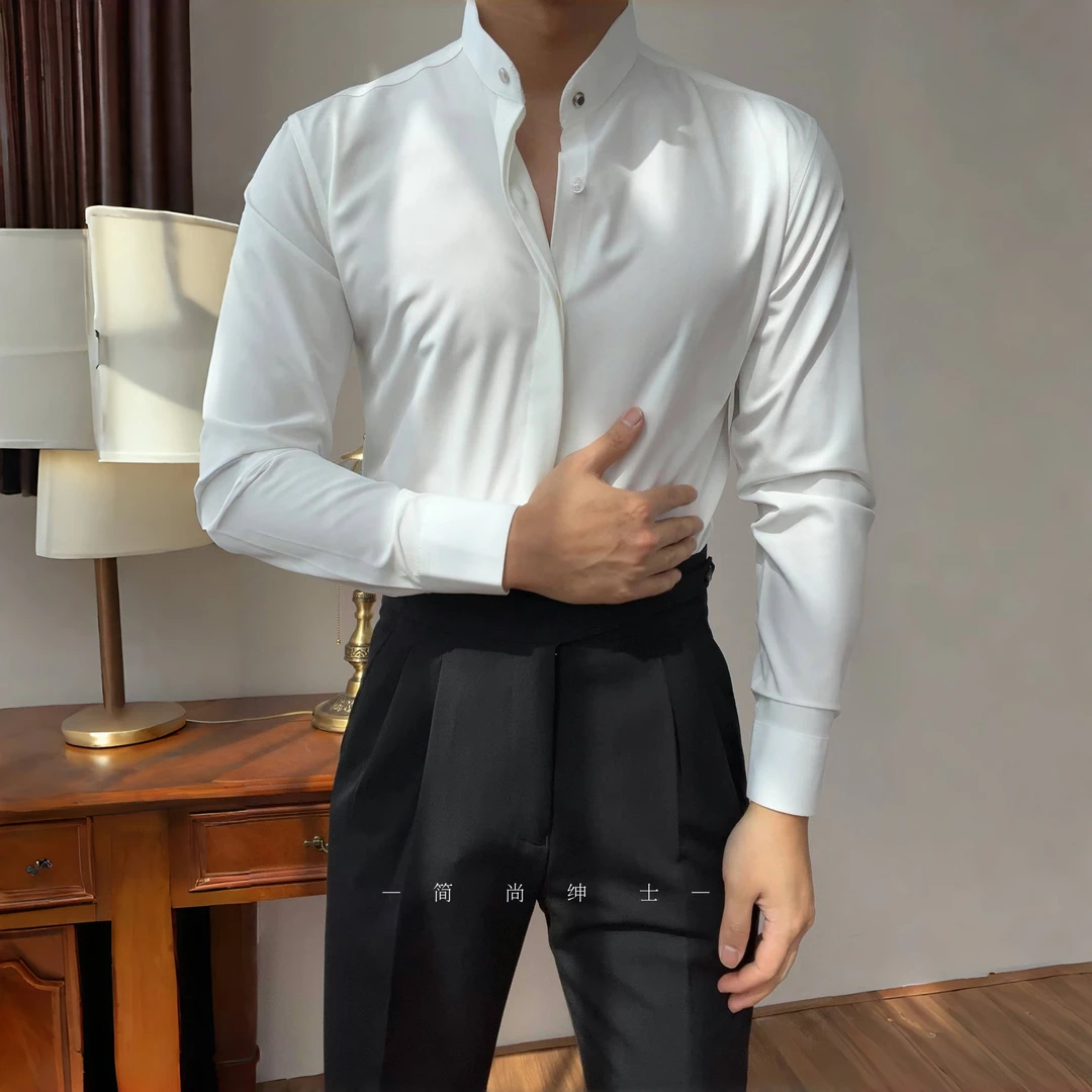新款轻奢立领衬衫新中式衬衫免烫抗揍时尚2408修身长袖