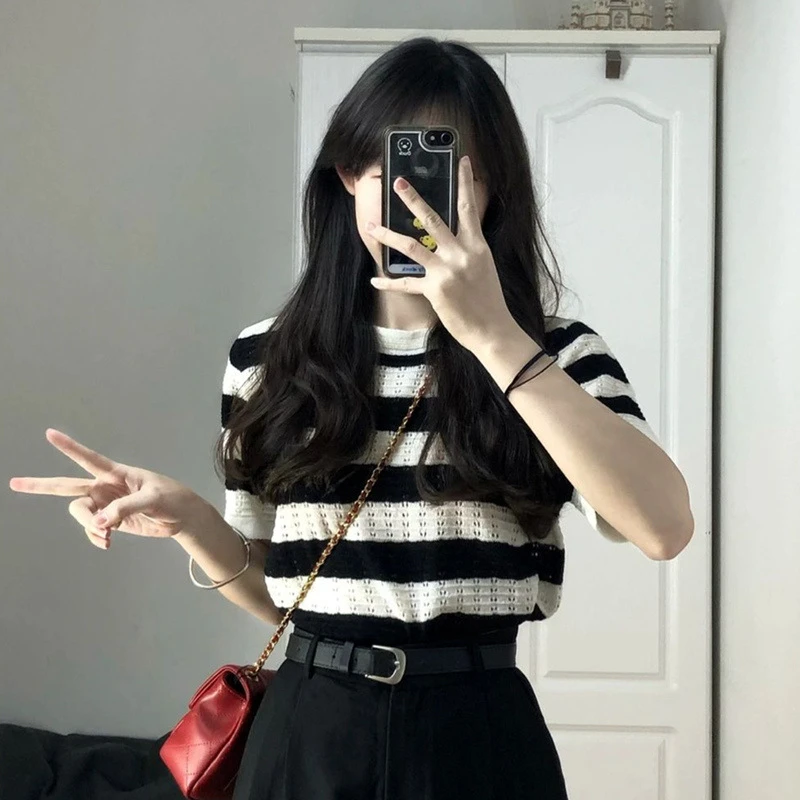 条纹针织衫短袖t恤女2024夏季新款韩版独特别致学生上衣短款ins潮