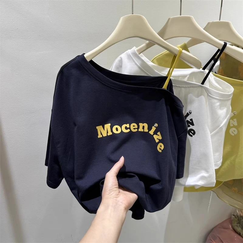 大码字母T恤女一字肩短袖上衣2025夏季新款斜领露肩吊带背心短款