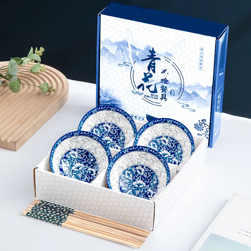 釉下彩中式青花瓷定制家用礼品中国风新年碗筷套装景德镇盘勺套装
